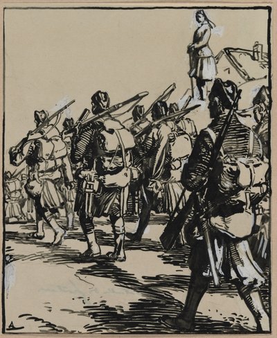 Bataille des frontières: groep Britse soldaten, 1914 door Auguste Louis Lepère