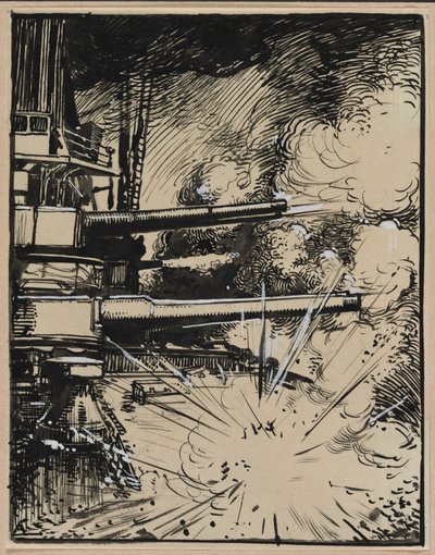 Bom ontploft op een gepantserd schip met gerichte kanonnen door Auguste Louis Lepère