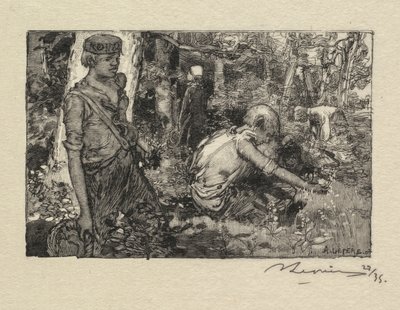 Fontainebleau Bos: Lelietjes-van-dalen verzamelen La Forêt de Fontainebleau..., 1890 door Auguste Louis Lepère