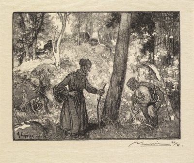Bos van Fontainebleau: Paddenstoelenjagers bij de Rocher Bernard, 1890 door Auguste Louis Lepère