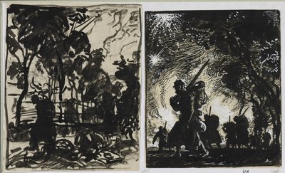 Nachtelijke scène; patrouille aan de rand van een bos door Auguste Louis Lepère