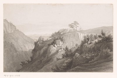 Berglandschap met een in de rotsen gebeitelde figuur door Auguste Numans (attributed to)