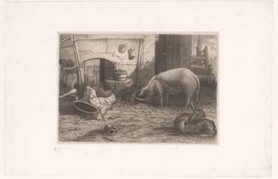 Varken, kippen en konijnen bij een schuur door Auguste Numans (attributed to)
