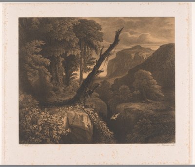 Berglandschap met vogel vliegend door een ravijn door Auguste Numans
