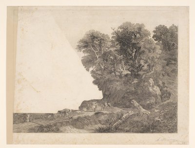 Landschap met dieren en figuren op een weg langs een rivier door Auguste Numans