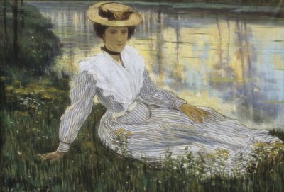 Jonge Vrouw aan de Waterkant door Auguste Oleffe