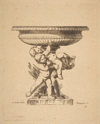 Ornamentaal ontwerp van drie kinderen die een fontein vasthouden door Auguste Pequegnot