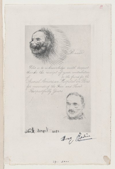 Bijdrage Ontvangstbewijs van het Speciale Amerikaanse Ziekenhuis in Parijs voor Gezichtswonden door Auguste Rodin