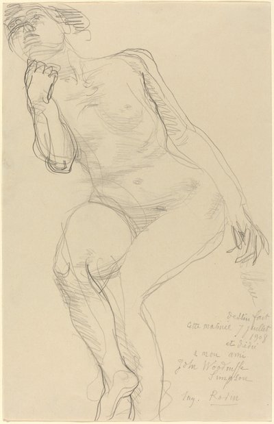 Zittende vrouwelijke naakt naar links leunend door Auguste Rodin