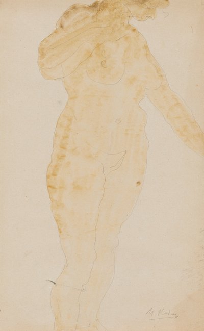 Staande vrouwelijke naakt, linkerarm uitgestrekt door Auguste Rodin