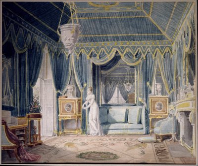 Boudoir van koningin Hortense de Beauharnais (1783-1837) in 1811. Aquarel door Auguste Garneray (1785-1824). Privécollectie door Auguste Simon Garneray