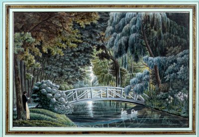 Zicht op de houten brug over de rivier links van het kasteel van Malmaison door Auguste Simon Garneray