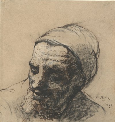 Hoofd van een oude man met baard en pet door Auguste Theodule Ribot