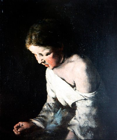 Jong meisje aan het naaien, ca. 1865 door Auguste Theodule Ribot