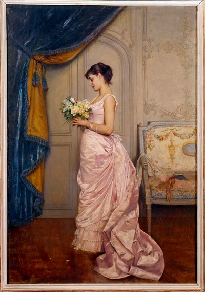 Zoet ticket Een jonge vrouw leest een liefdesbrief van een bewonderaar met een boeket bloemen door Auguste Toulmouche