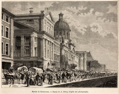 Le marche de Bonsecours, een toeristisch en cultureel centrum van Montreal, gegraveerd naar een tekening van A. Deroy, ter illustratie van de excursie naar Canada en de Riviere Rouge du nord, door H. De Lamotte, in 1873, gepubliceerd in Le tour du monde, 1 door Auguste Victor Deroy