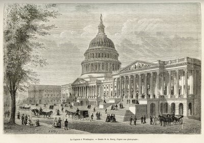 Het Capitool, zetel van de wetgevende macht, gebouwd tussen 1793 en 1830, in Washington (District of Columbia), de hoofdstad van de Verenigde Staten. Gravure naar de tekening van A.Deroy, ter illustratie van het verhaal La conquete blanche, door William He door Auguste Victor Deroy