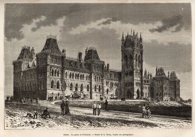 Het parlementsgebouw in Ottawa, gebouwd tussen 1859 en 1876, gegraveerd naar een tekening van A. Deroy, ter illustratie van de excursie naar Canada en de Red River of the North, door H. De Lamotte in 1873, gepubliceerd in 