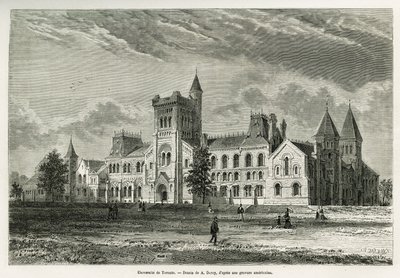 De Universiteit van Toronto, tekening door A. Deroy, ter illustratie van het verhaal van een excursie naar Canada en de Noordelijke Rode Rivier in 1873 door H. de Lamotte. Gravure in Le tour du monde door Auguste Victor Deroy