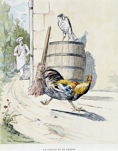 Le faucon en de kapoen in Les Fables de La Fontaine, ill. door Auguste Vimar, Tours, bij A, Mame & Fils door Auguste Vimar