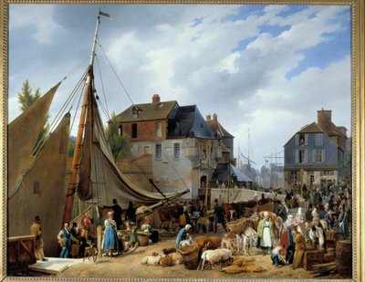 Inscheping van vee in de haven van Honfleur. Schilderij door Auguste-Xavier Leprince, 1823 door Auguste Xavier Leprince
