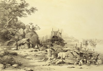 Woonboten in de Baai van Cowloon, plaat 6 uit Schetsen van China, gegraveerd door Eugene Ciceri, 1842 door Auguste after Borget