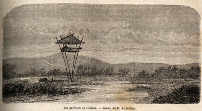 Een rijstwacht, nabij Batavia (het huidige Jakarta). Tekening door M. de Molins, ter illustratie van zijn reis naar Java door Auguste de Molins