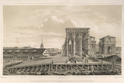 De eerste kolom van de bouw Uit: De bouw van de Sint-Isaacskathedraal, 1845 door Auguste de Montferrand