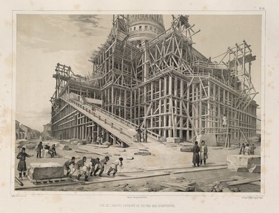 Uitzicht op de Kathedraal omringd door houten steigers Uit: De Bouw van de Sint-Isaac Kathedraal, 1845 door Auguste de Montferrand