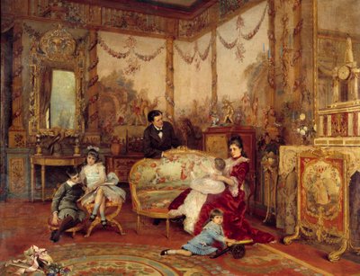 Victorien Sardou (1831 - 1908), toneelschrijver, en zijn kinderen. Uitzicht vanuit de woonkamer met vuur voor de open haard door Auguste de la Brely