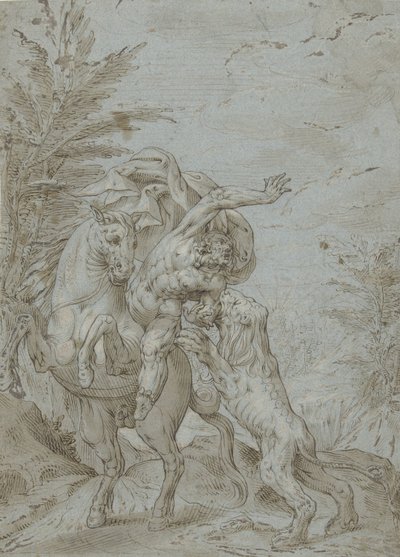 Ruiter door leeuw aangevallen (de profeet Bileam?) door Augustin Braun (possibly)