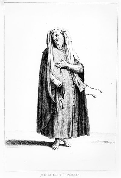Een Franse Joodse Man Gekleed voor Gebed, illustratie uit Dictionnaire Historique de la Bible, 1722 door Augustin Calmet