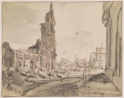 Uitzicht over de noordoost- en noordwesthoeken van de Grote Markt na het bombardement in 1695 door Augustin Coppens