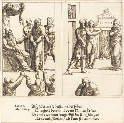 Christus voor Kajafas, en Petrus die Christus verloochent, 1548 door Augustin Hirschvogel
