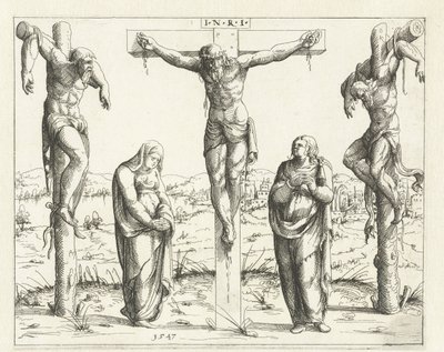 Christus aan het kruis en Maria en Johannes door Augustin Hirschvogel