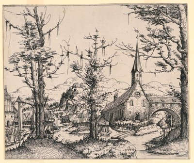 Kerk bij een stroom, overspannen door een overdekte brug door Augustin Hirschvogel