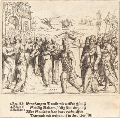 David wordt Verwelkomd na het Doden van Goliath, en Sauls Jaloezie, 1547 door Augustin Hirschvogel