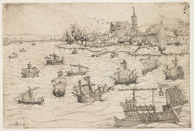 Jona en de Walvis op een Meer met Zeilboten, 1546 door Augustin Hirschvogel