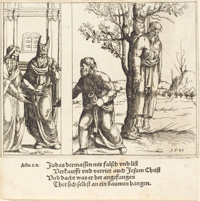 Judas geeft de dertig zilverstukken terug door Augustin Hirschvogel