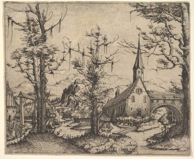 Landschap met vier bomen en een kerk rechts, 1545 door Augustin Hirschvogel