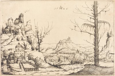 Landschap met hoge kliffen, rivier en stad, 1546 door Augustin Hirschvogel