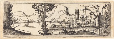 Landschap met meer en stad door Augustin Hirschvogel