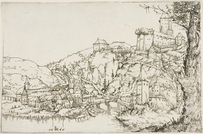 Landschap met rivier, stad en kasteel door Augustin Hirschvogel