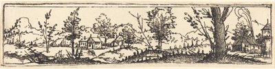 Landschap met zes enkele bomen en drie kleine boerderijen door Augustin Hirschvogel