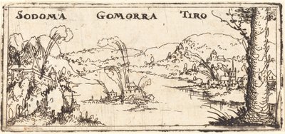 Landschap met drie brandende steden: Sodom, Gomorra en Tyrus door Augustin Hirschvogel