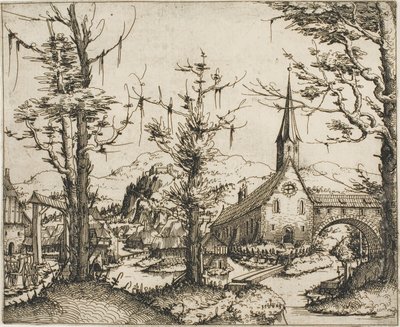 Landschap met een kerk en overdekte brug door Augustin Hirschvogel