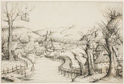 Landschap met een Gebogen Houten Brug door Augustin Hirschvogel