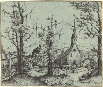 Landschap met een dorpskerk door Augustin Hirschvogel