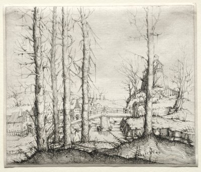 Rivierlandschap met Vijf Kale Sparren op de Voorgrond door Augustin Hirschvogel