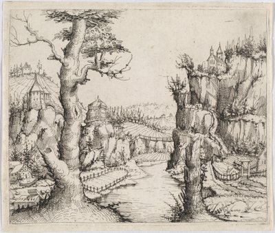 Rivierlandschap met hoge kliffen, 1546 door Augustin Hirschvogel